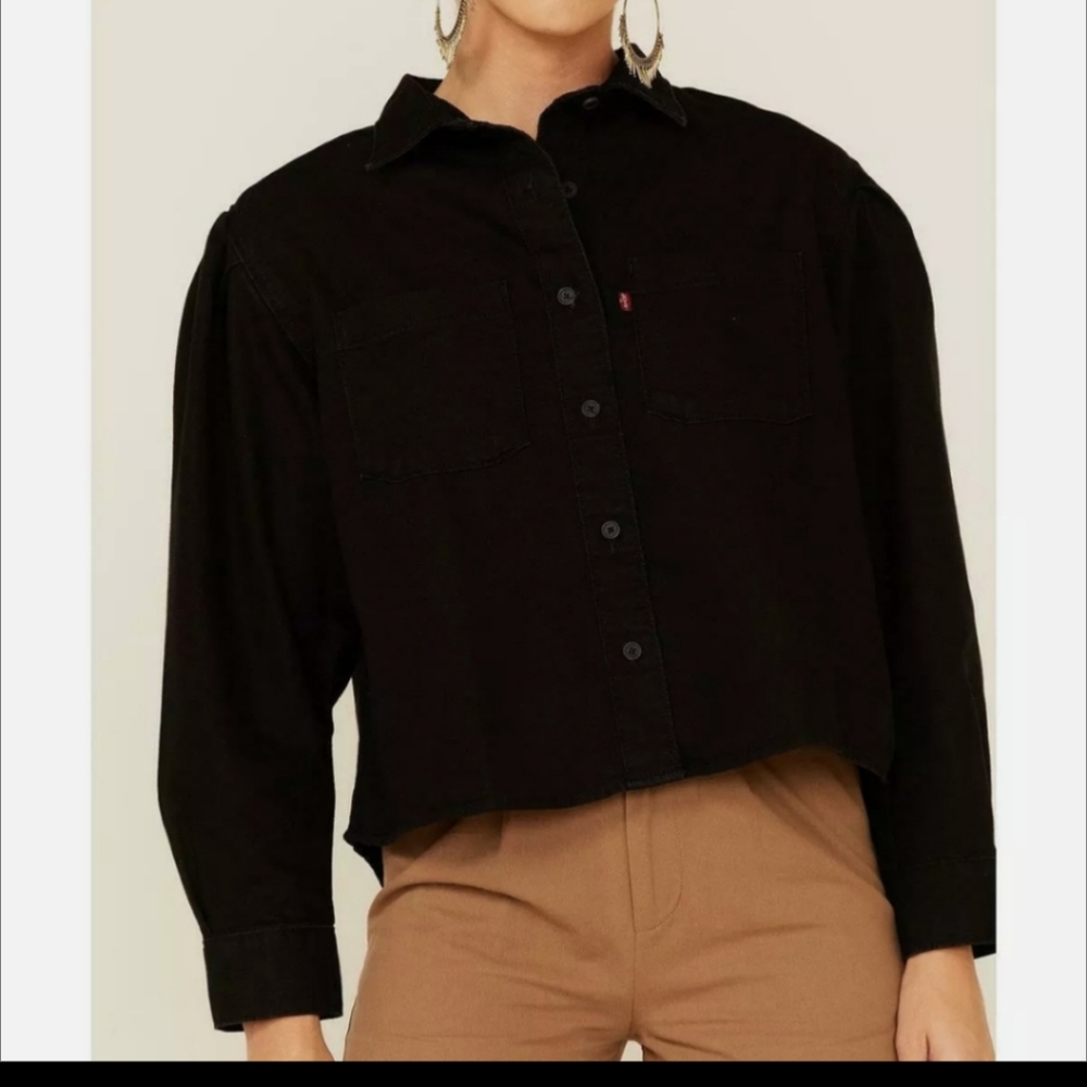 NWT Levis Kinsely Black Cropped Puff Shoulder Button Up Utility Shirt Large